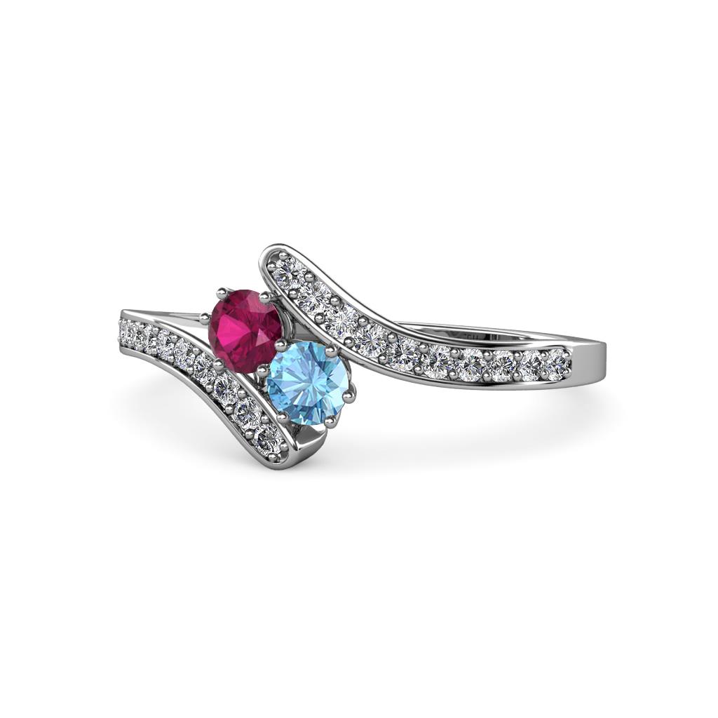 Eleni Rhodolite Garnet and Blue Topaz with Side Diamonds Bypass Ring 
