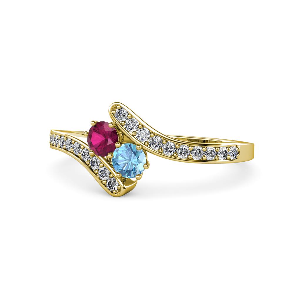 Eleni Rhodolite Garnet and Blue Topaz with Side Diamonds Bypass Ring 