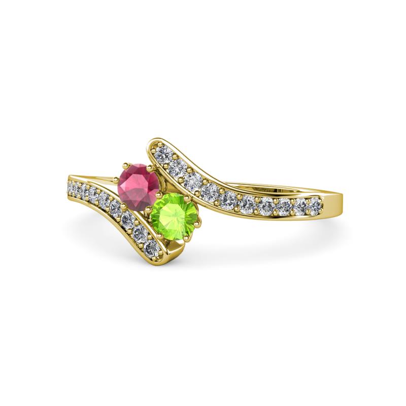 Eleni Rhodolite Garnet and Peridot with Side Diamonds Bypass Ring 
