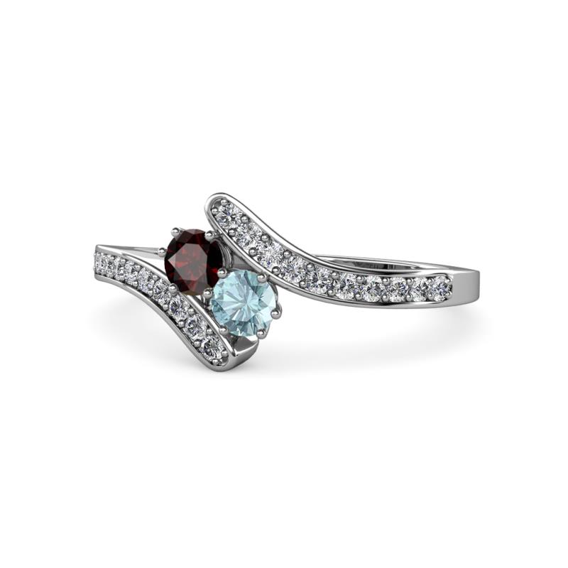 Eleni Red Garnet and Aquamarine with Side Diamonds Bypass Ring 