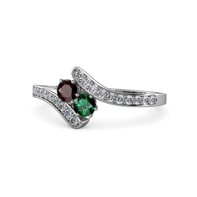 Eleni Red Garnet and Emerald with Side Diamonds Bypass Ring 