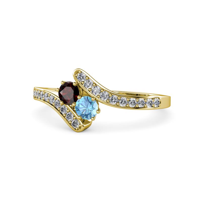 Eleni Red Garnet and Blue Topaz with Side Diamonds Bypass Ring 