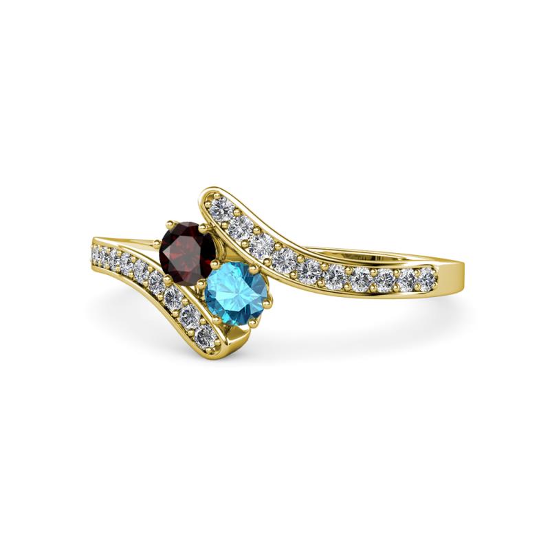 Eleni Red Garnet and London Blue Topaz with Side Diamonds Bypass Ring 