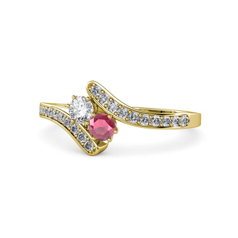 Eleni Round Diamond and Rhodolite Garnet with Side Diamonds Bypass Ring 