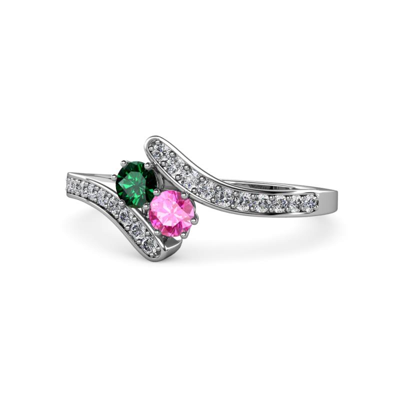 Eleni Emerald and Pink Sapphire with Side Diamonds Bypass Ring 