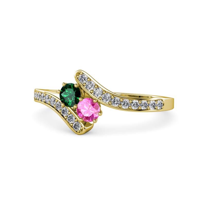 Eleni Emerald and Pink Sapphire with Side Diamonds Bypass Ring 
