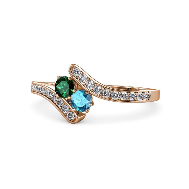 Eleni Emerald and London Blue Topaz with Side Diamonds Bypass Ring 