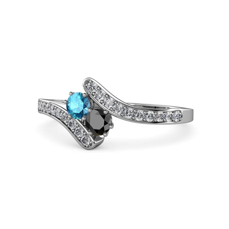 Eleni London Blue Topaz and Black Diamond with Side Diamonds Bypass Ring 