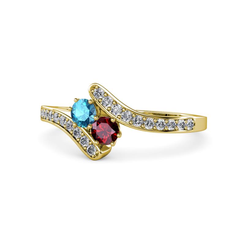 Eleni London Blue Topaz and Ruby with Side Diamonds Bypass Ring 
