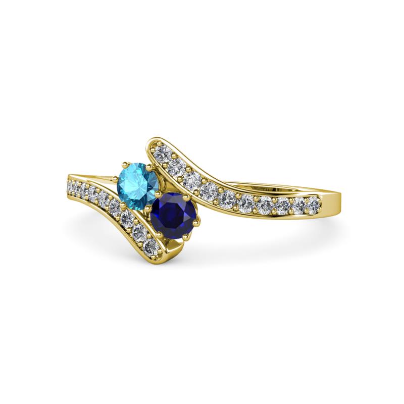 Eleni London Blue Topaz and Blue Sapphire with Side Diamonds Bypass Ring 