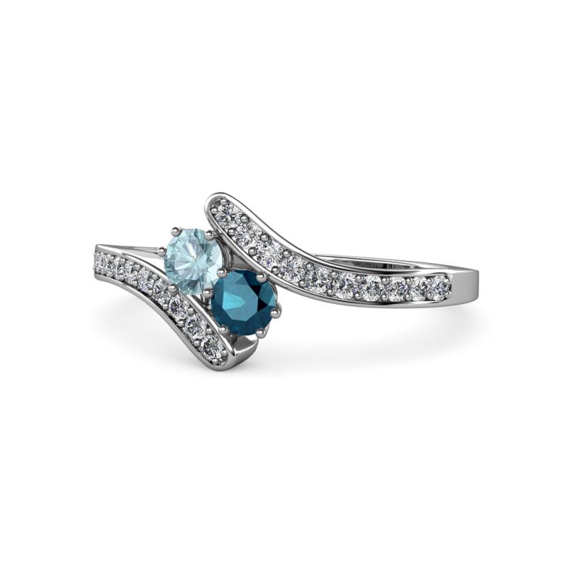 Eleni Aquamarine and Blue Diamond with Side Diamonds Bypass Ring 
