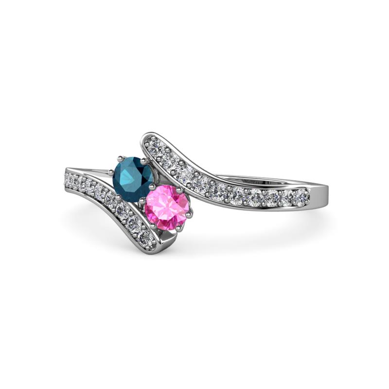 Eleni Blue Diamond and Pink Sapphire with Side Diamonds Bypass Ring 