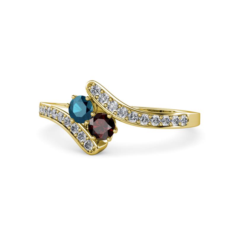 Eleni Blue Diamond and Red Garnet with Side Diamonds Bypass Ring 