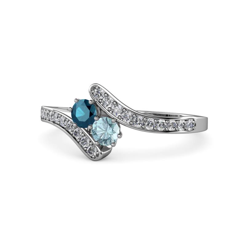 Eleni Blue Diamond and Aquamarine with Side Diamonds Bypass Ring 