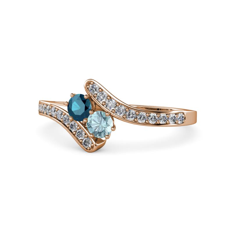 Eleni Blue Diamond and Aquamarine with Side Diamonds Bypass Ring 