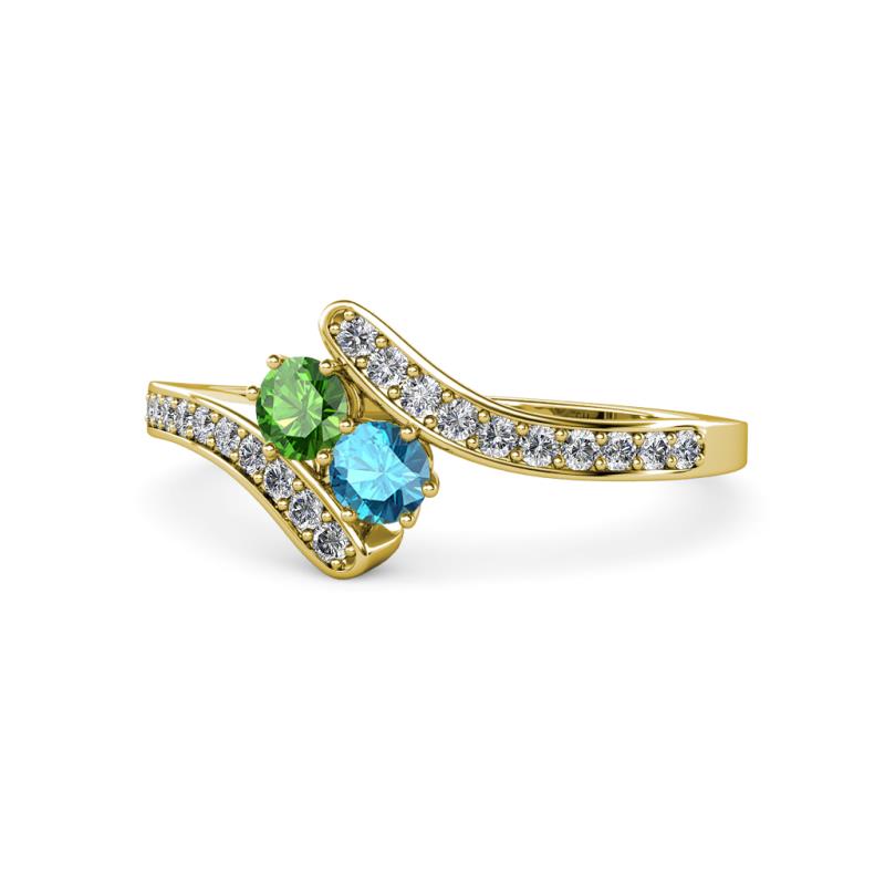 Eleni Green Garnet and London Blue Topaz with Side Diamonds Bypass Ring 