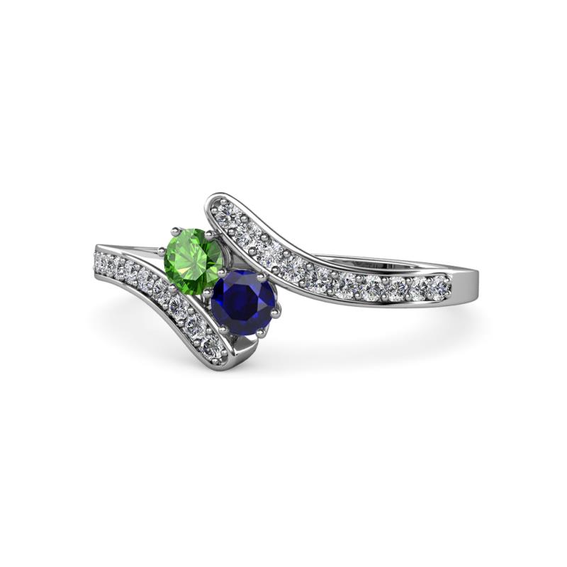 Eleni Green Garnet and Blue Sapphire with Side Diamonds Bypass Ring 