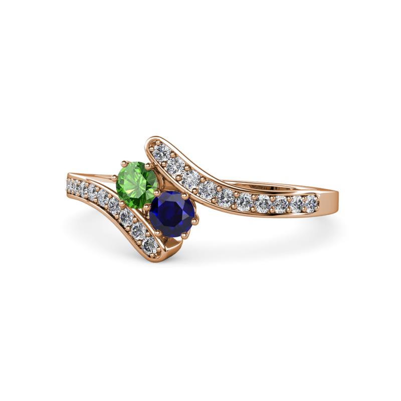 Eleni Green Garnet and Blue Sapphire with Side Diamonds Bypass Ring 