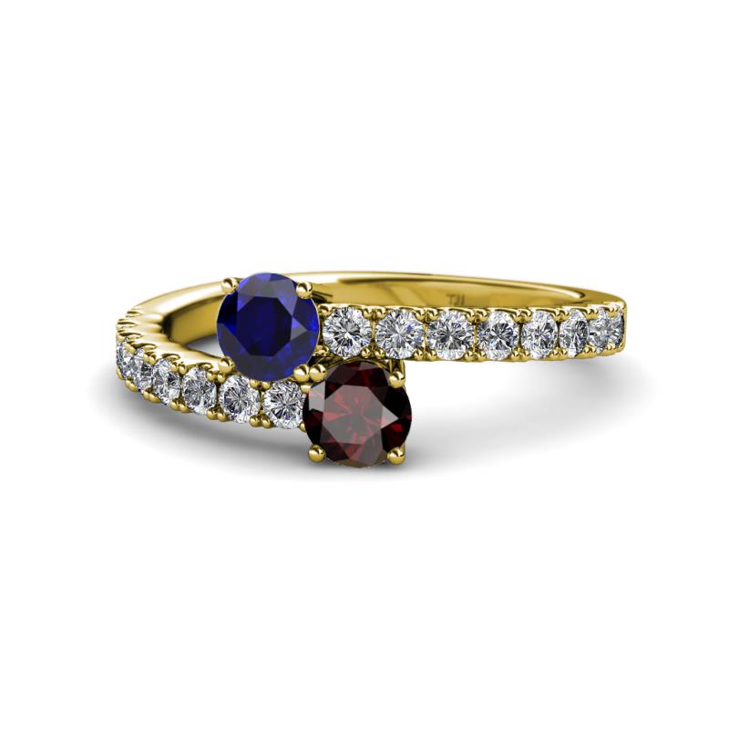 Delise 5.00mm Round Blue Sapphire and Red Garnet with Side Diamonds Bypass Ring 