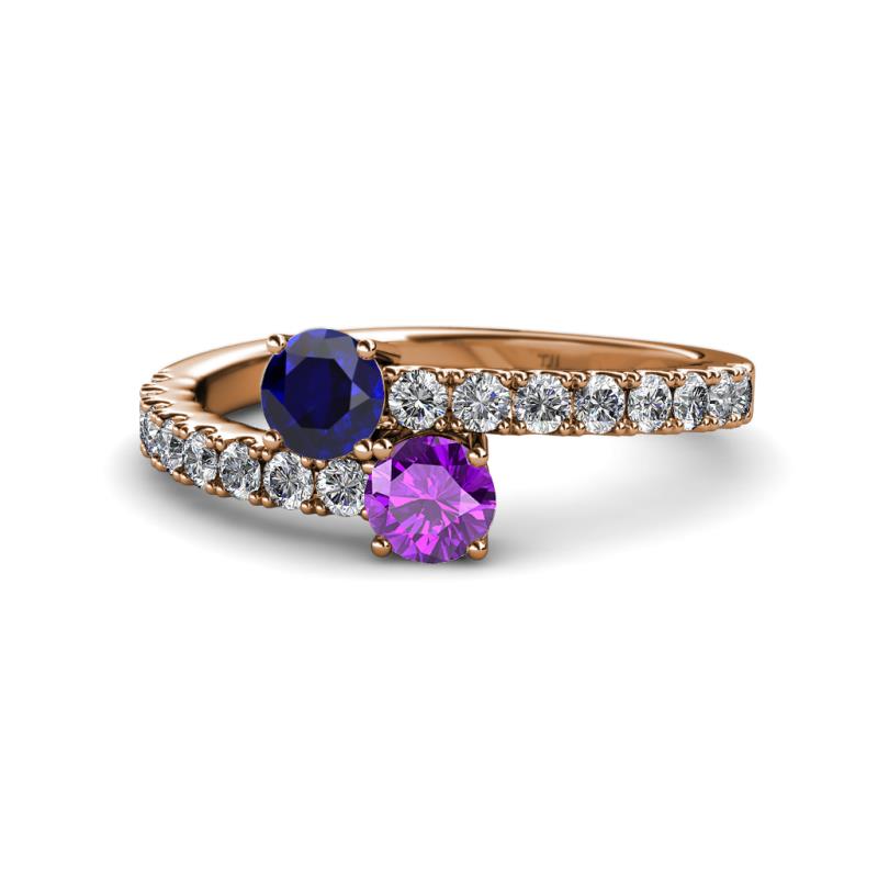 Delise 5.00mm Round Blue Sapphire and Amethyst with Side Diamonds Bypass Ring 