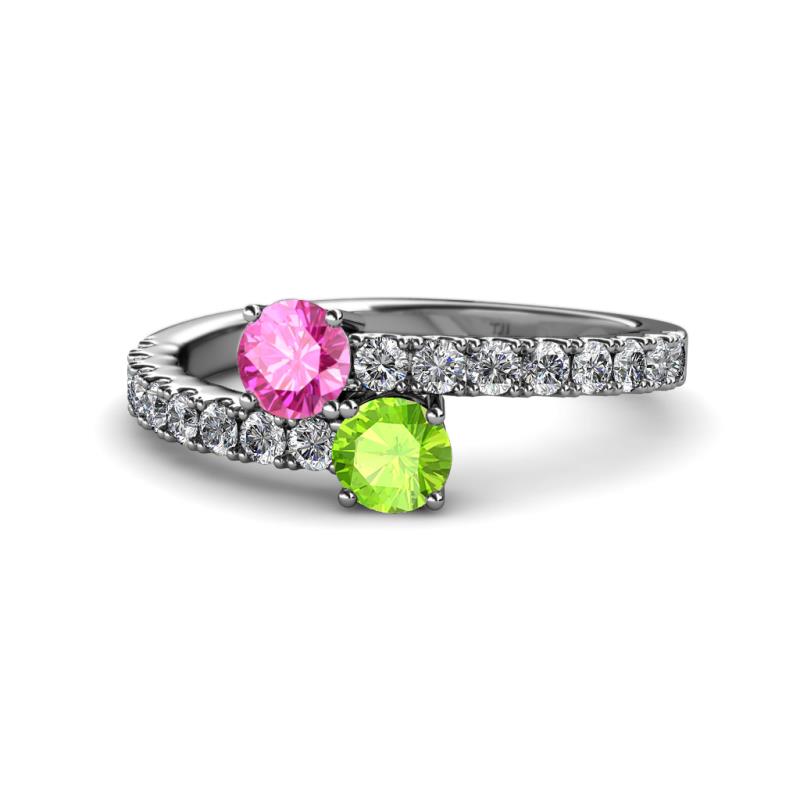Delise 5.00mm Round Pink Sapphire and Peridot with Side Diamonds Bypass Ring 