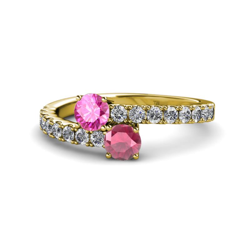 Delise 5.00mm Round Pink Sapphire and Rhodolite Garnet with Side Diamonds Bypass Ring 