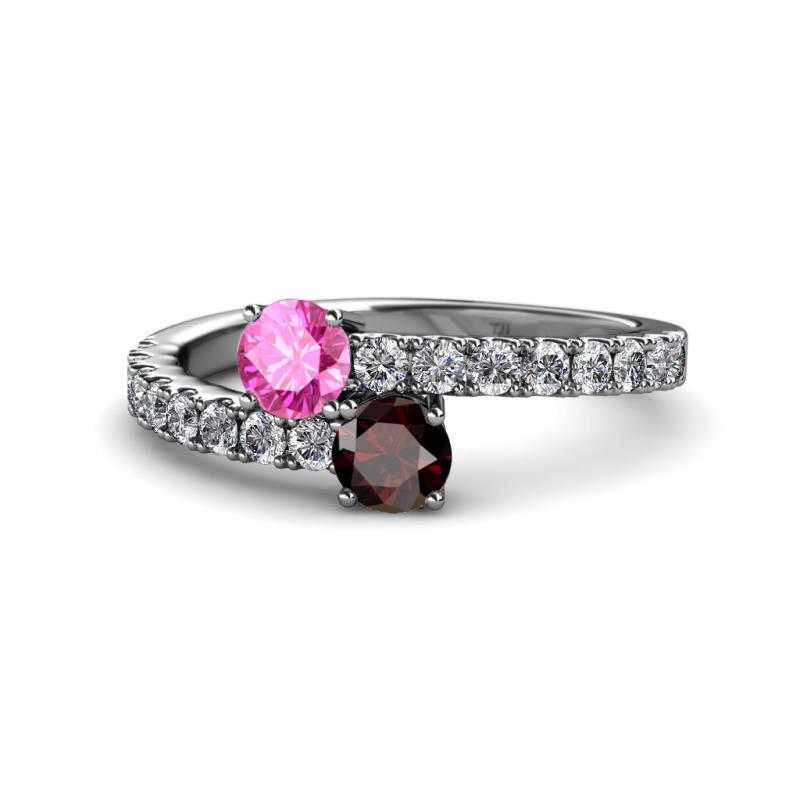 Delise 5.00mm Round Pink Sapphire and Red Garnet with Side Diamonds Bypass Ring 