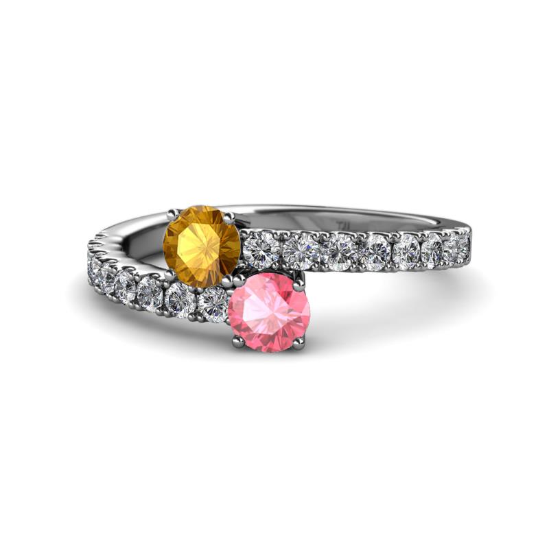 Delise 5.00mm Round Citrine and Pink Tourmaline with Side Diamonds Bypass Ring 
