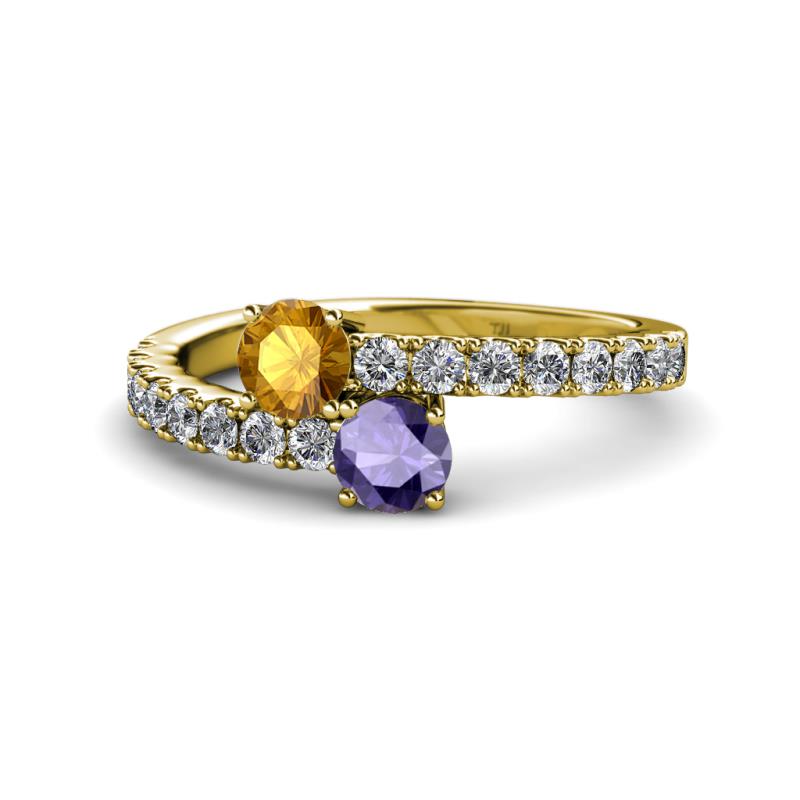 Delise 5.00mm Round Citrine and Iolite with Side Diamonds Bypass Ring 