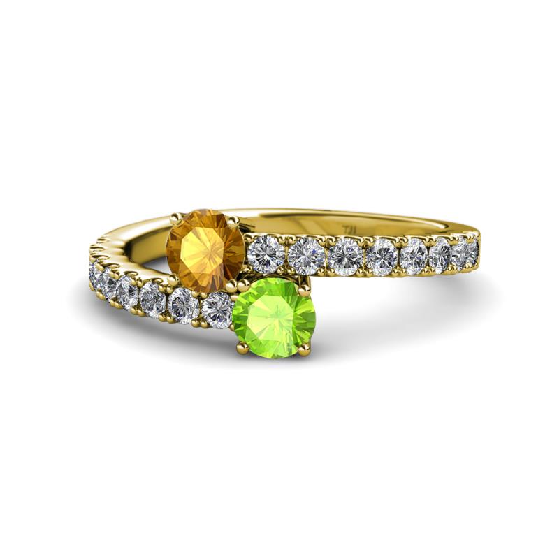 Delise 5.00mm Round Citrine and Peridot with Side Diamonds Bypass Ring 