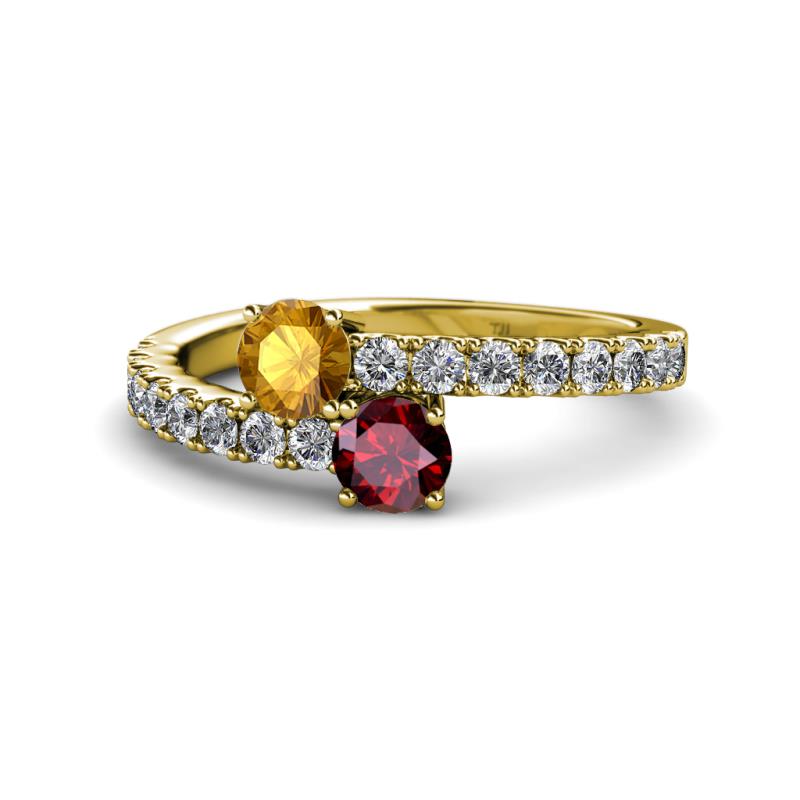Delise 5.00mm Round Citrine and Ruby with Side Diamonds Bypass Ring 