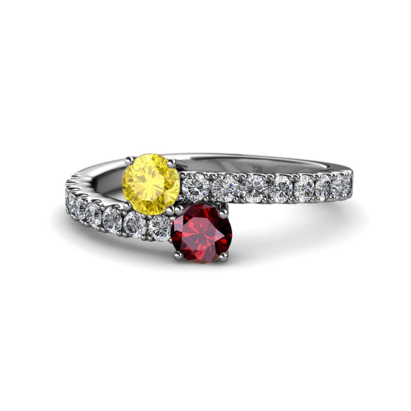 Delise 5.00mm Round Yellow Sapphire and Ruby with Side Diamonds Bypass Ring 