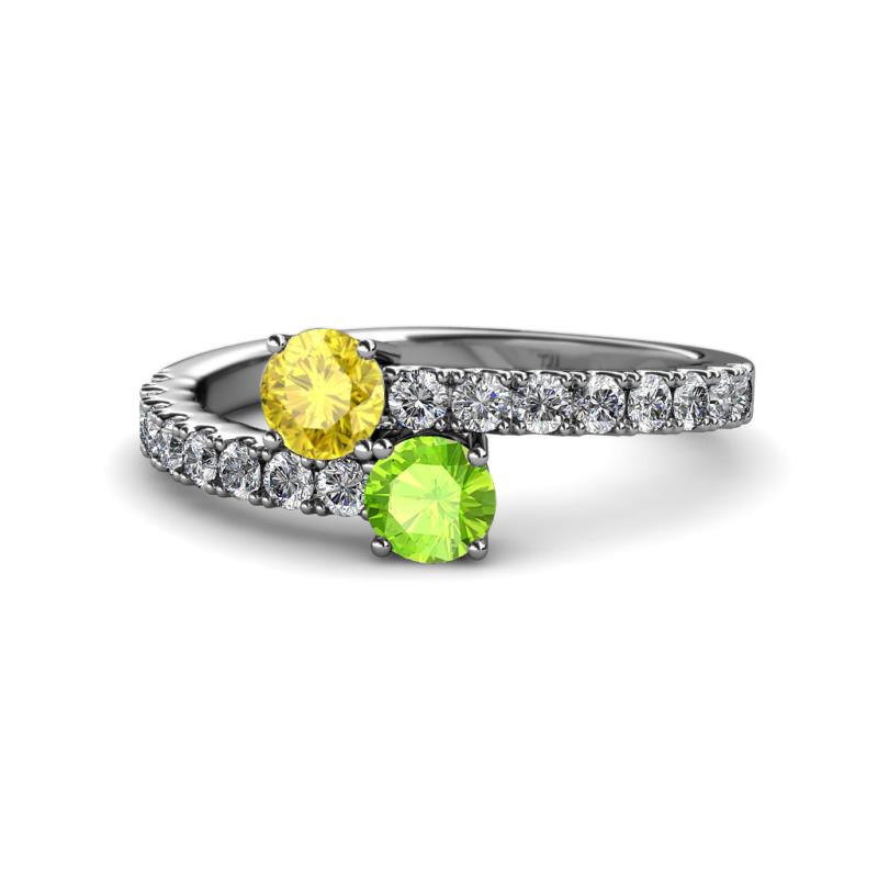 Delise 5.00mm Round Yellow Sapphire and Peridot with Side Diamonds Bypass Ring 