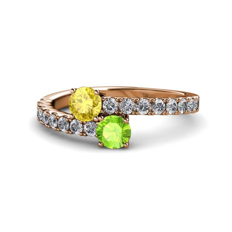 Delise 5.00mm Round Yellow Sapphire and Peridot with Side Diamonds Bypass Ring 