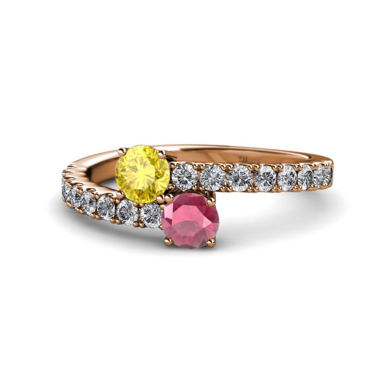 Delise 5.00mm Round Yellow Sapphire and Rhodolite Garnet with Side Diamonds Bypass Ring 