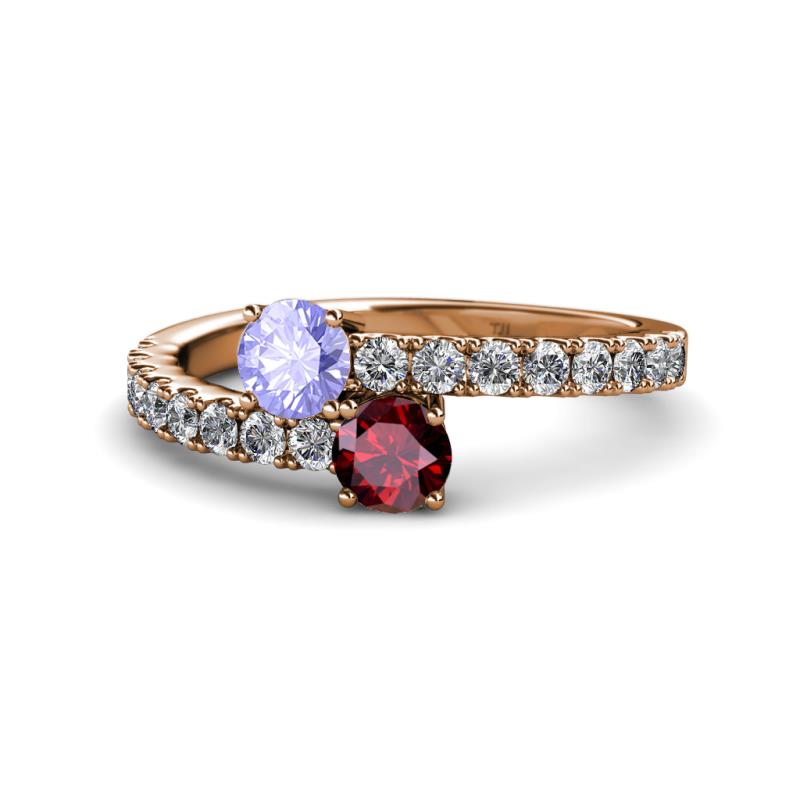 Delise 5.00mm Round Tanzanite and Ruby with Side Diamonds Bypass Ring 