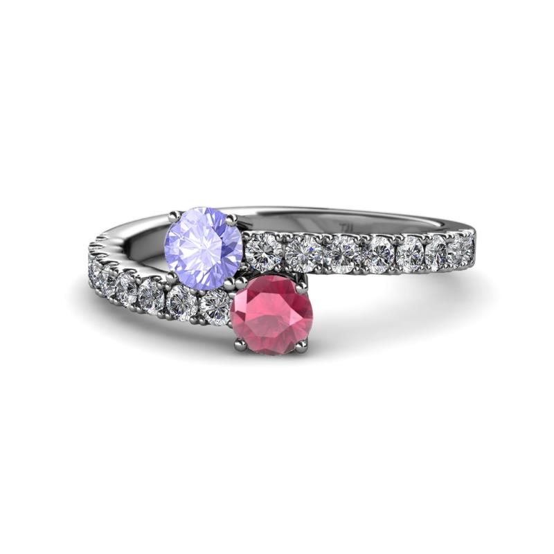Delise 5.00mm Round Tanzanite and Rhodolite Garnet with Side Diamonds Bypass Ring 