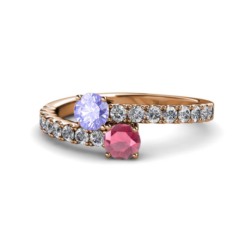 Delise 5.00mm Round Tanzanite and Rhodolite Garnet with Side Diamonds Bypass Ring 