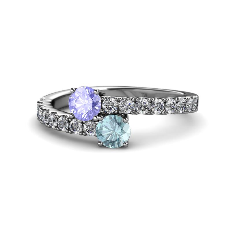 Delise 5.00mm Round Tanzanite and Aquamarine with Side Diamonds Bypass Ring 