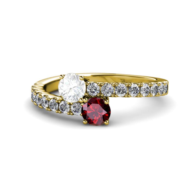 Delise 5.00mm Round White Sapphire and Ruby with Side Diamonds Bypass Ring 