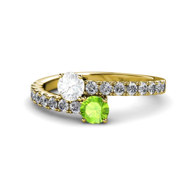Delise 5.00mm Round White Sapphire and Peridot with Side Diamonds Bypass Ring 