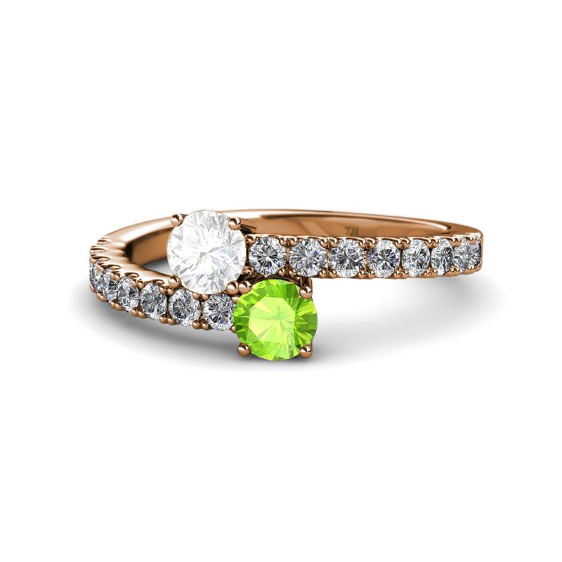 Delise 5.00mm Round White Sapphire and Peridot with Side Diamonds Bypass Ring 