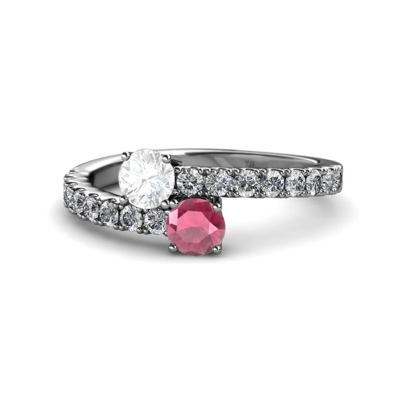 Delise 5.00mm Round White Sapphire and Rhodolite Garnet with Side Diamonds Bypass Ring 