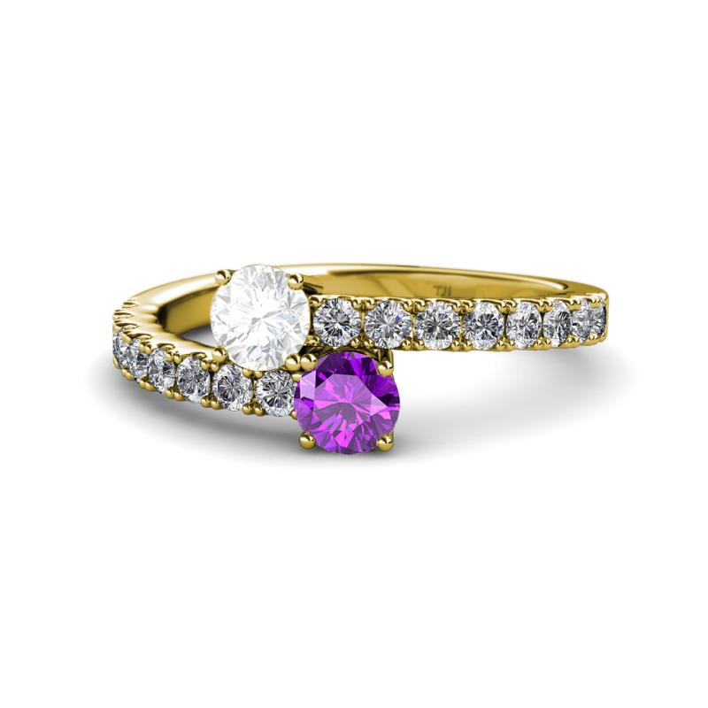 Delise 5.00mm Round White Sapphire and Amethyst with Side Diamonds Bypass Ring 