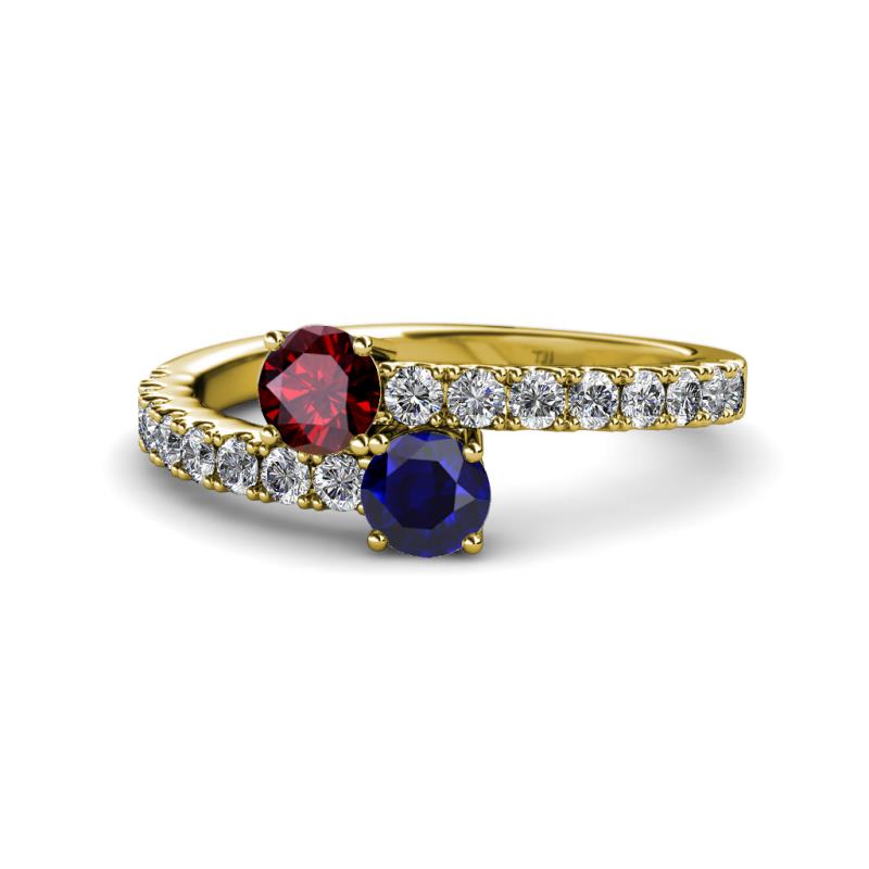 Delise 5.00mm Round Ruby and Blue Sapphire with Side Diamonds Bypass Ring 