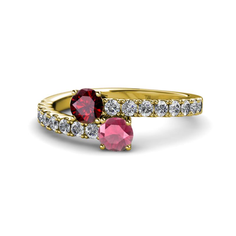 Delise 5.00mm Round Ruby and Rhodolite Garnet with Side Diamonds Bypass Ring 