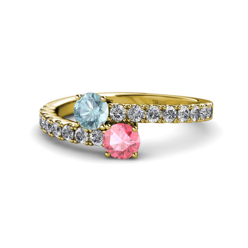 Delise 5.00mm Round Aquamarine and Pink Tourmaline with Side Diamonds Bypass Ring 