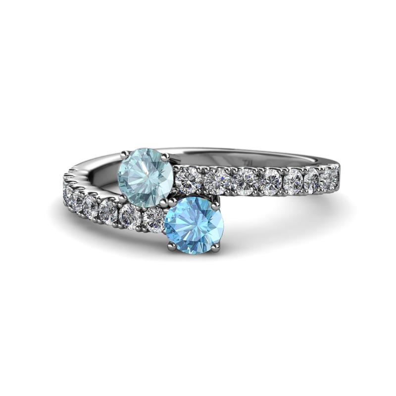 Delise 5.00mm Round Aquamarine and Blue Topaz with Side Diamonds Bypass Ring 