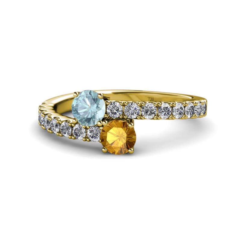 Delise 5.00mm Round Aquamarine and Citrine with Side Diamonds Bypass Ring 