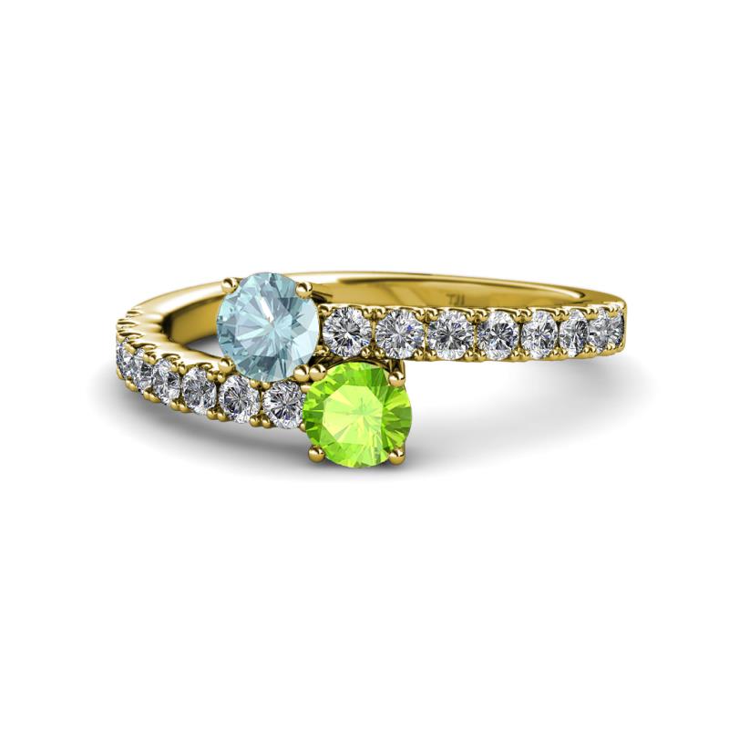 Delise 5.00mm Round Aquamarine and Peridot with Side Diamonds Bypass Ring 